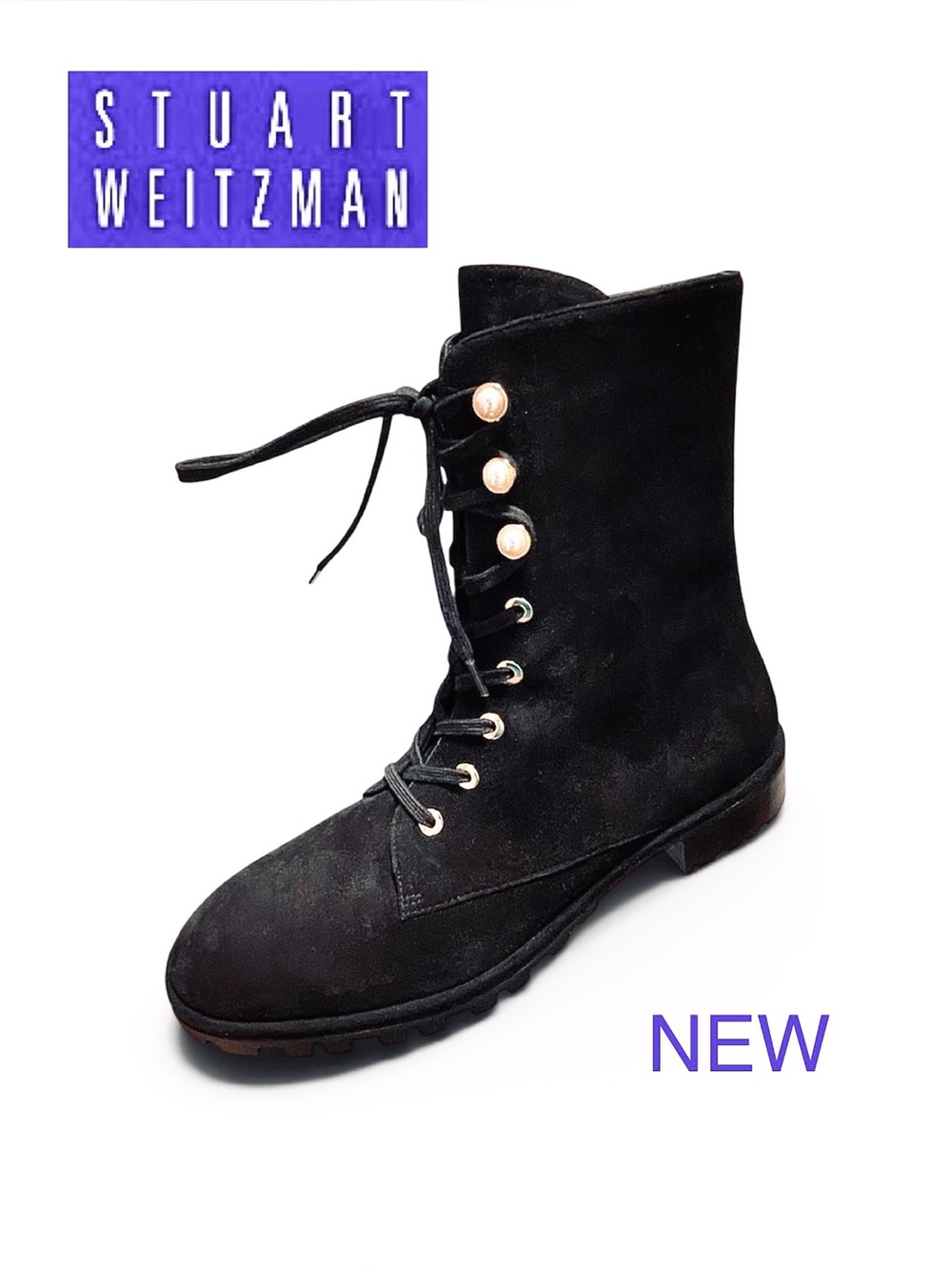 Stuart Weitzman Laine Pearl Combat Boots Black Suede Gold Size 9B NIB Flawless